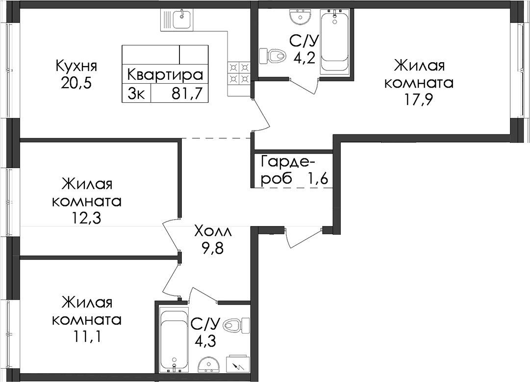 3-комнатная квартира 81.7 м², 1/9 эт., ЖК «Лермонтовский 54»